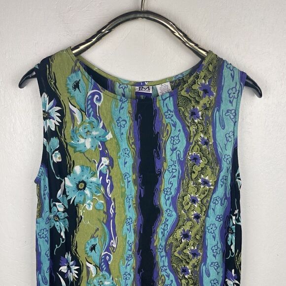 American Vintage 90's JM 100% Rayon Green Blue Beaded Floral Maxi Dress Size L - Picture 6 of 6
